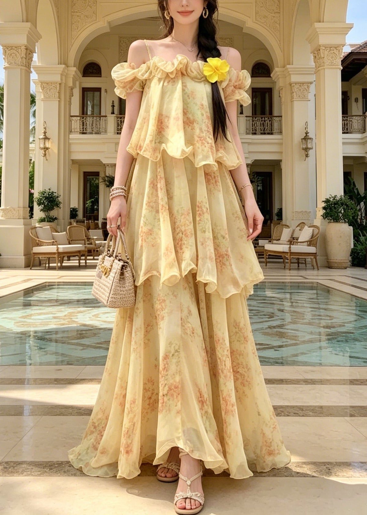 Fitted Yellow Cold Shoulder Ruffled Print Chiffon Maxi Dress