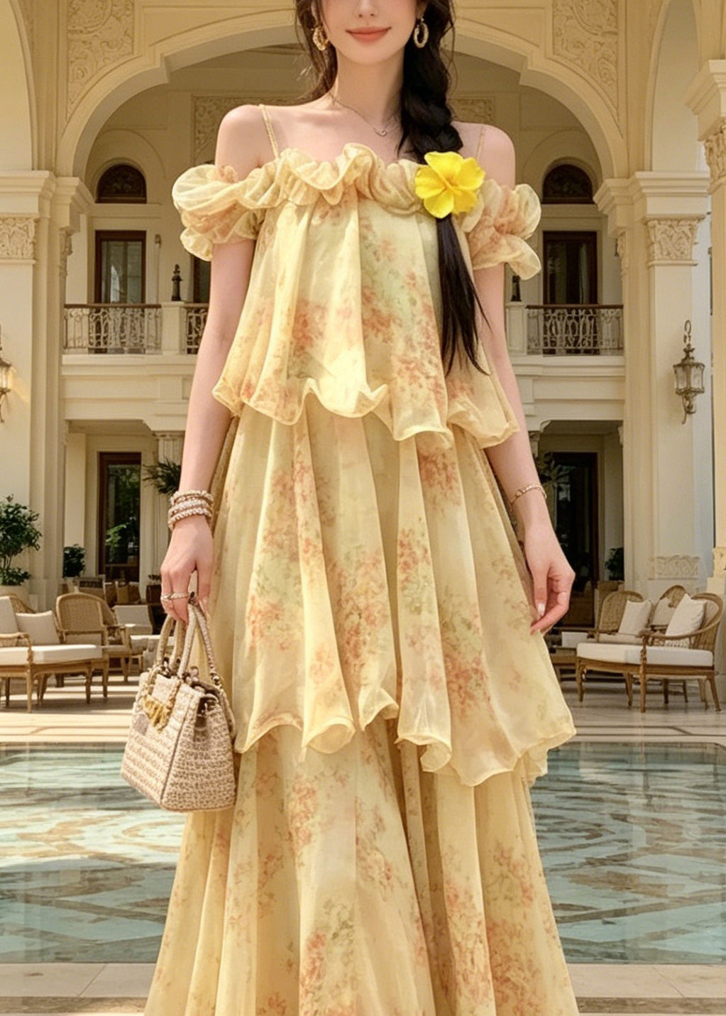 Fitted Yellow Cold Shoulder Ruffled Print Chiffon Maxi Dress - View 2