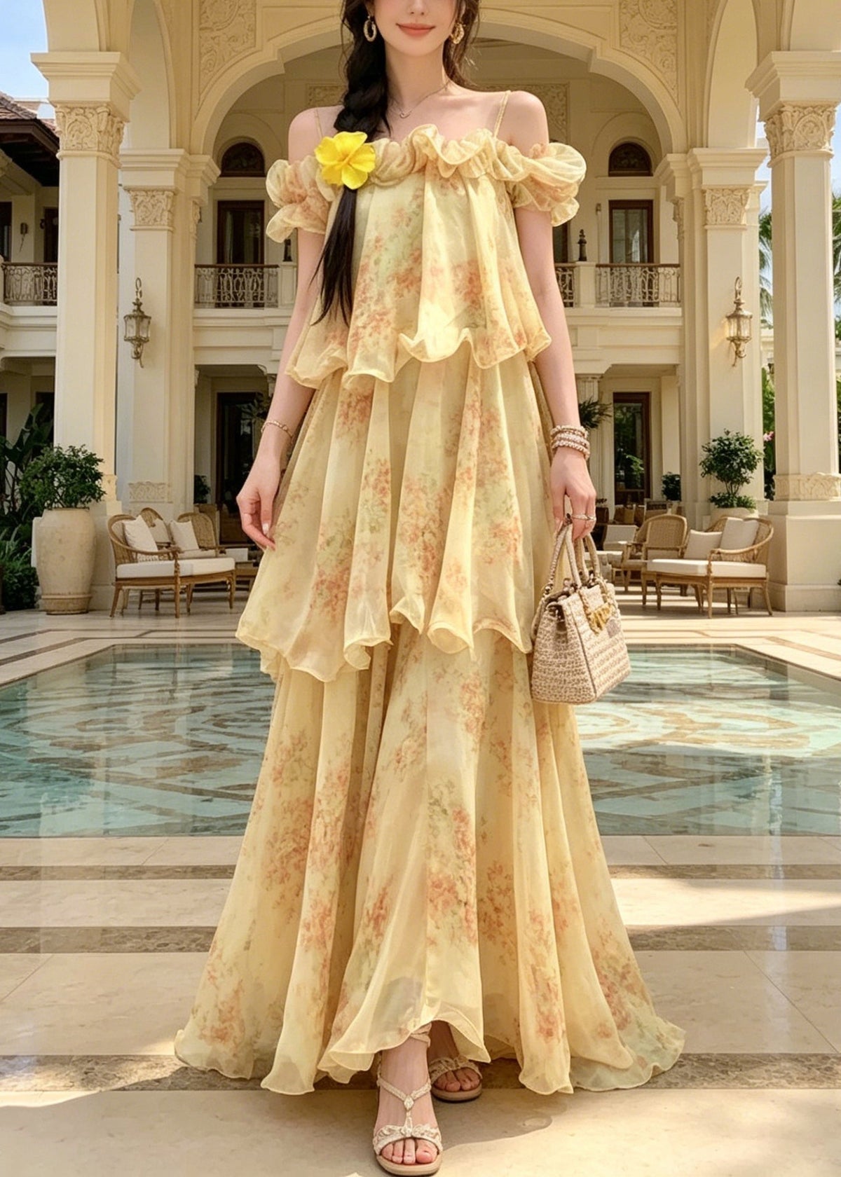 Fitted Yellow Cold Shoulder Ruffled Print Chiffon Maxi Dress - View 3