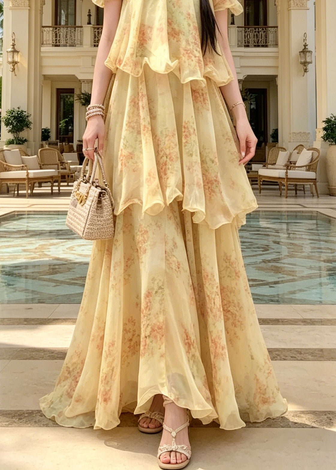 Fitted Yellow Cold Shoulder Ruffled Print Chiffon Maxi Dress - View 4