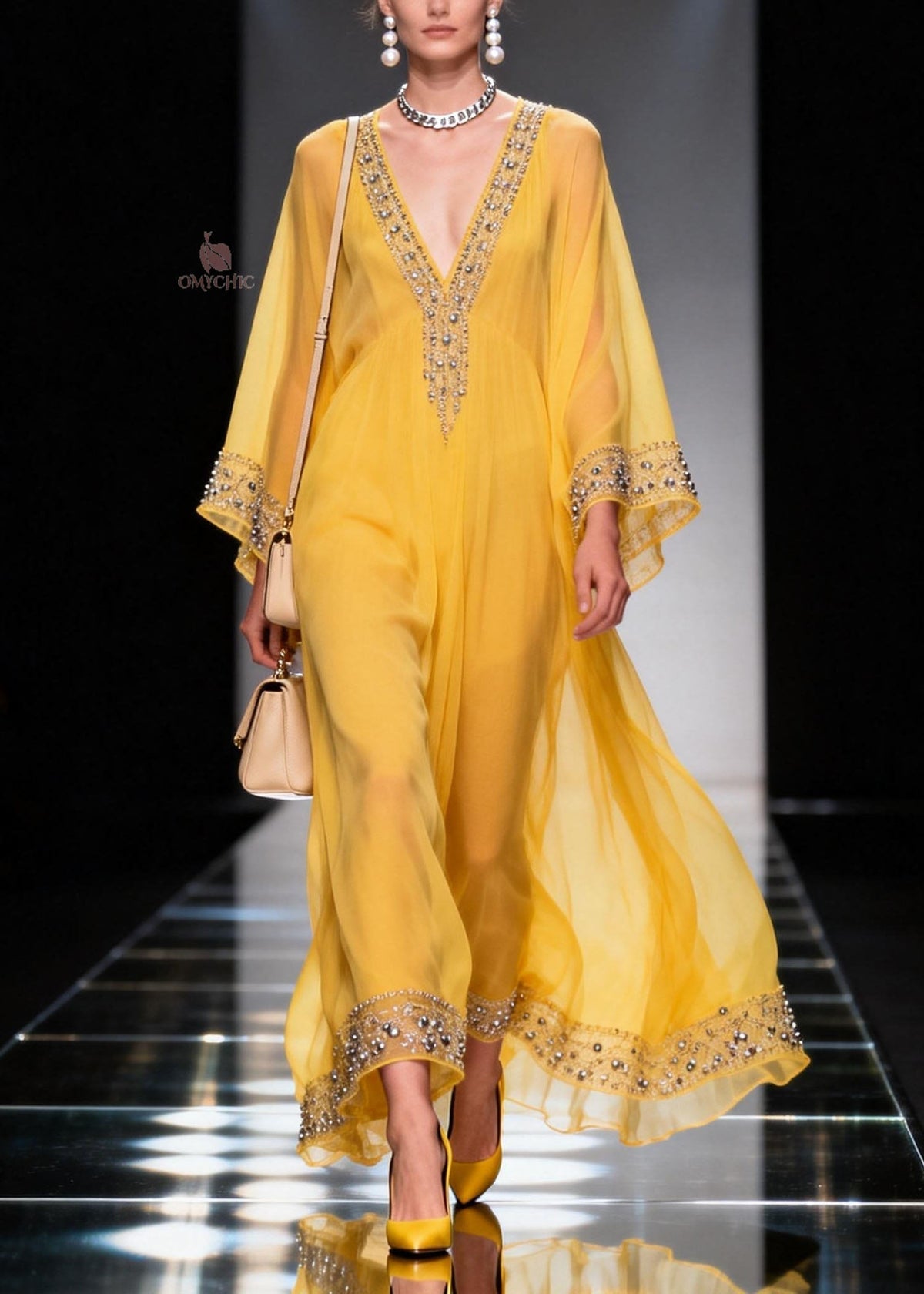 Chiffon Deep V-Neck Bell Sleeve Rhinestone Border Trim Maxi Gown