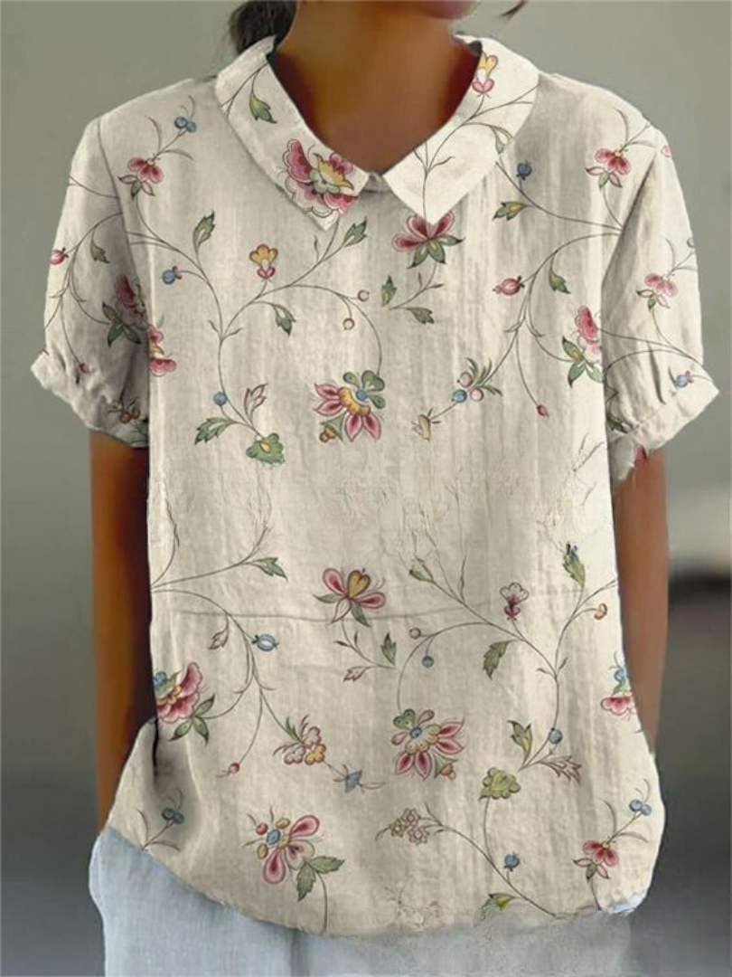 Embroidered Floral Collared Short Sleeve Linen Blouse 3
