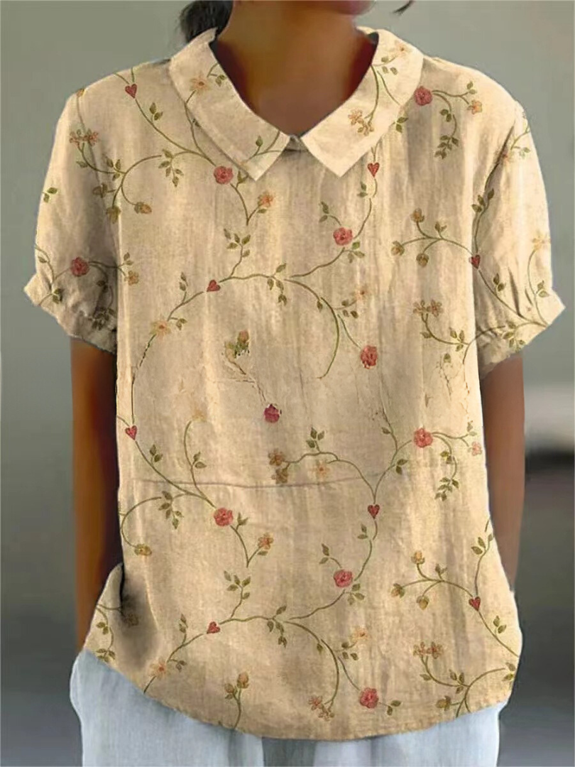 Embroidered Floral Collared Short Sleeve Linen Blouse 6