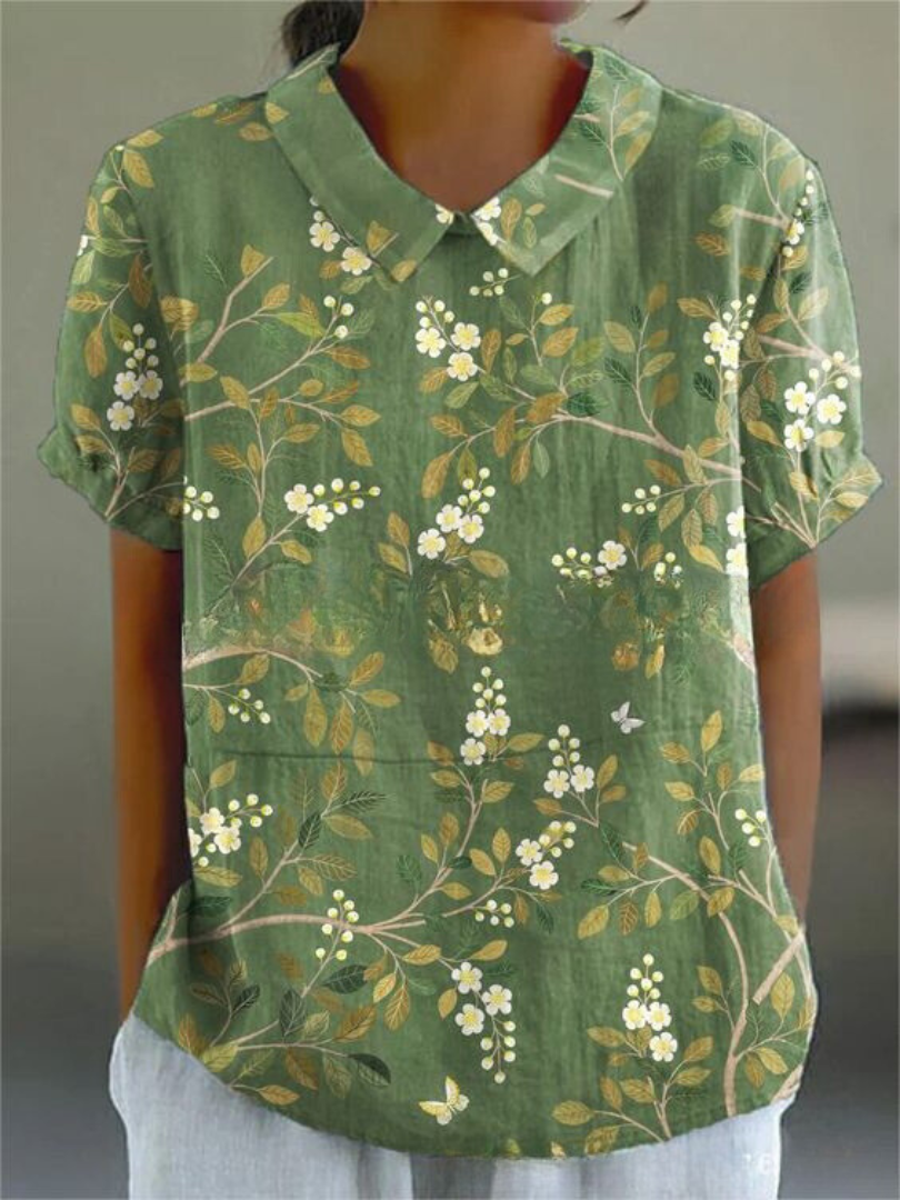Embroidered Floral Collared Short Sleeve Linen Blouse 4