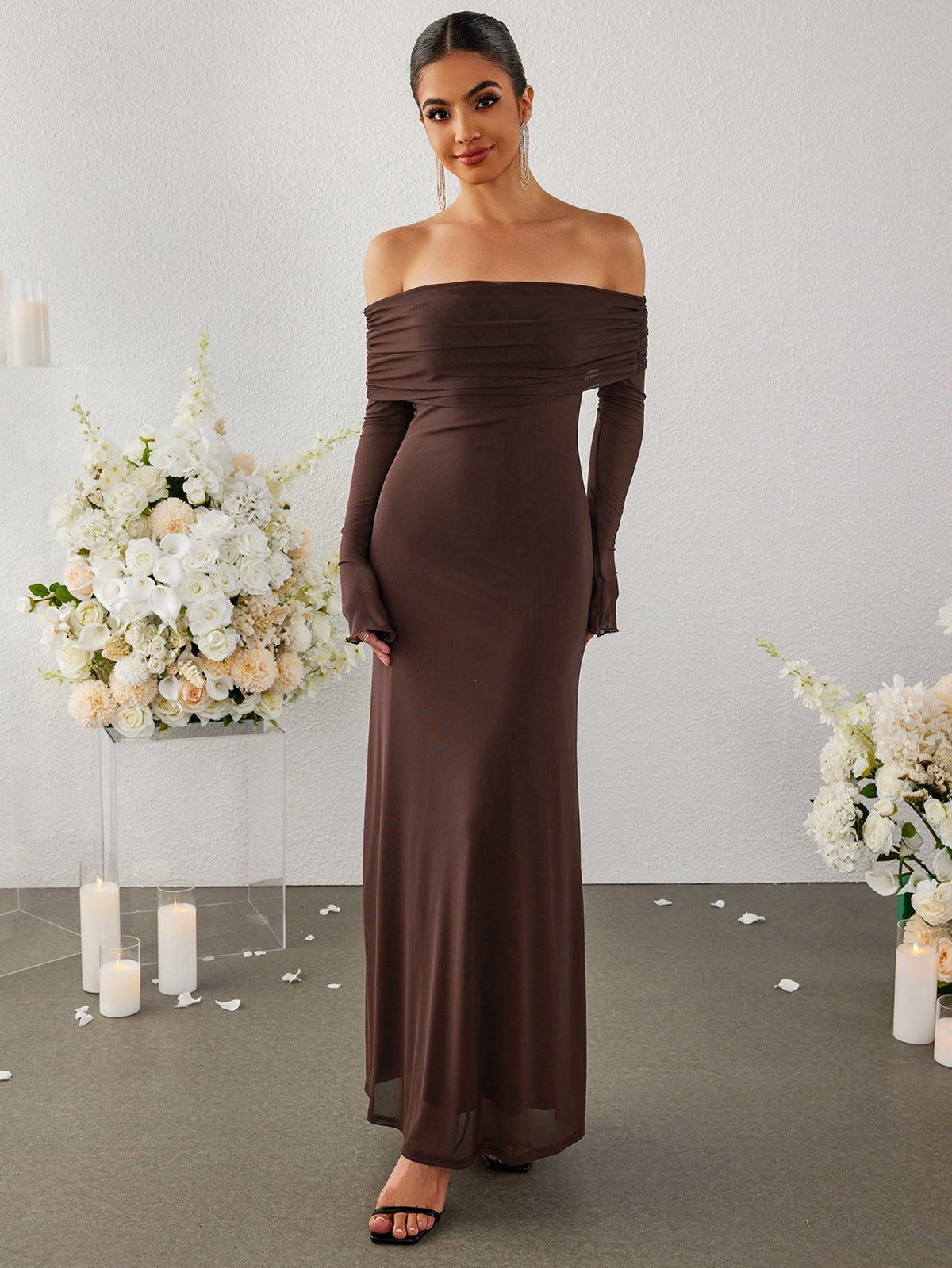 Flounce Sleeve Off Shoulder Mesh Bodycon Dress - View 3
