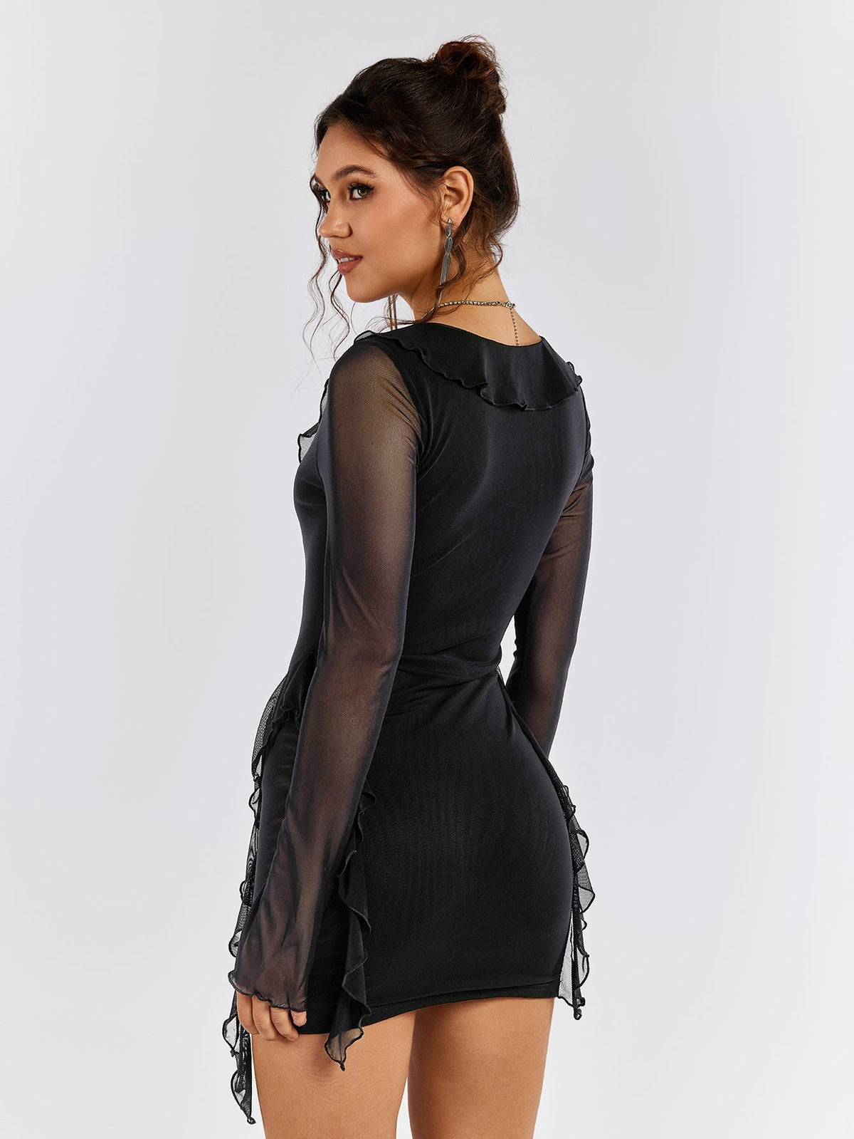 Mesh Deep V-Neck Tie Front Ruffle Trim Long Sleeve Bodycon Mini Dress - View 2