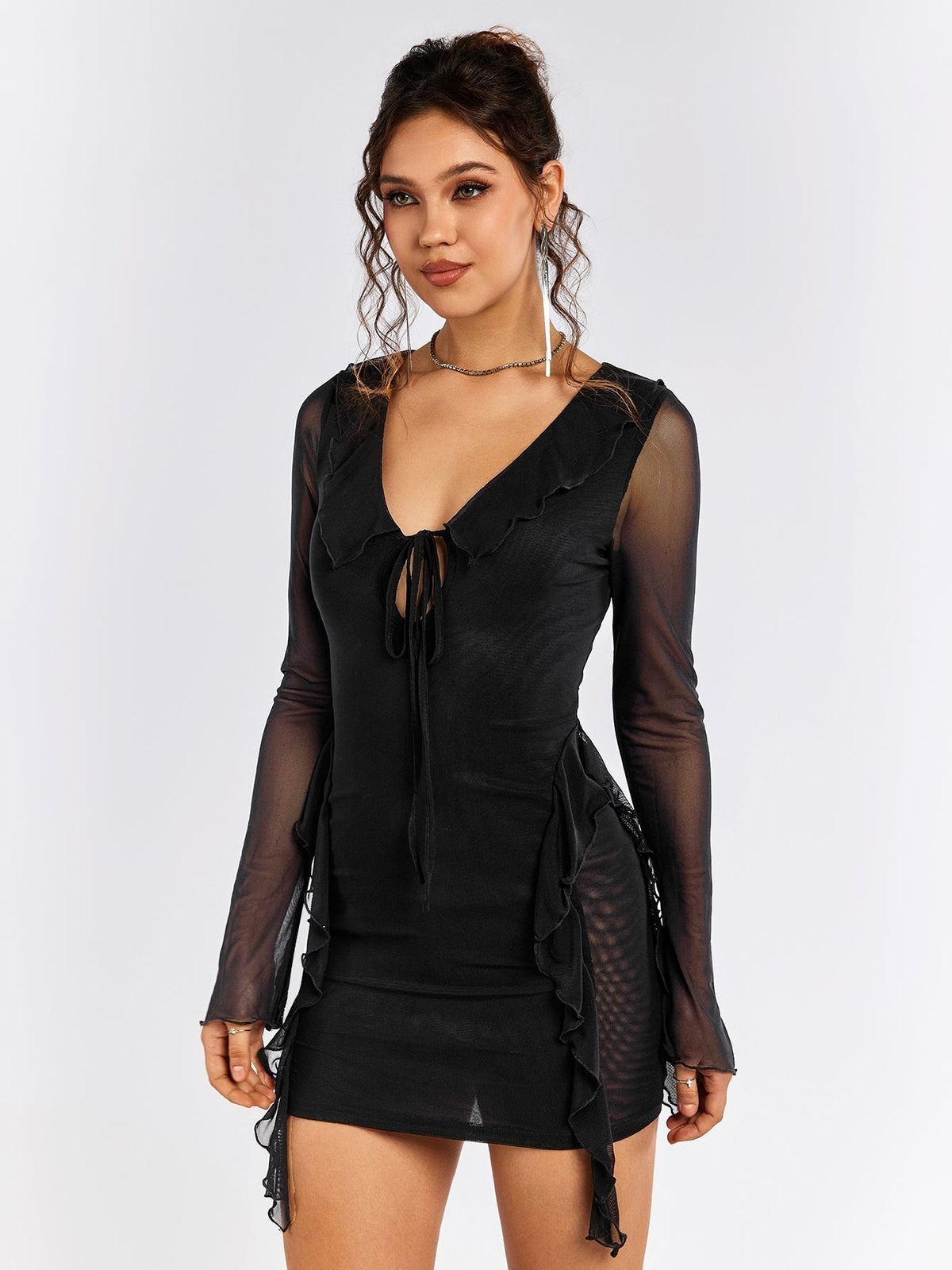 Mesh Deep V-Neck Tie Front Ruffle Trim Long Sleeve Bodycon Mini Dress - View 4