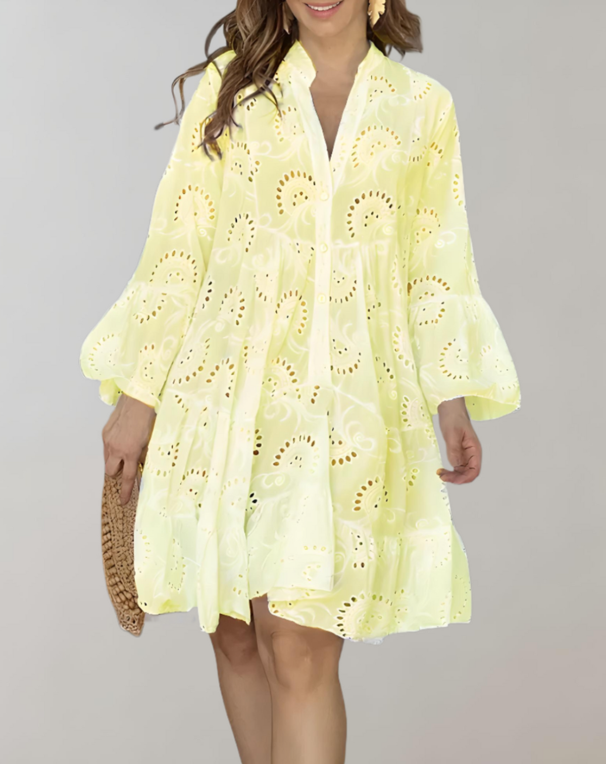 Eyelet Lace Button Down Collar Flared Ruffle Sleeve Tiered Mini Dress - View 3
