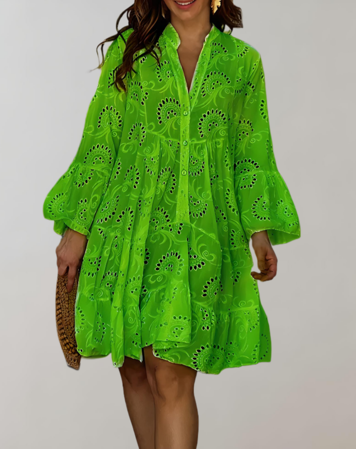 Eyelet Lace Button Down Collar Flared Ruffle Sleeve Tiered Mini Dress - View 4