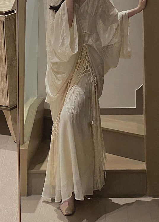 Sheer Embroidered Batwing Sleeve Macrame Fringe Set - View 5
