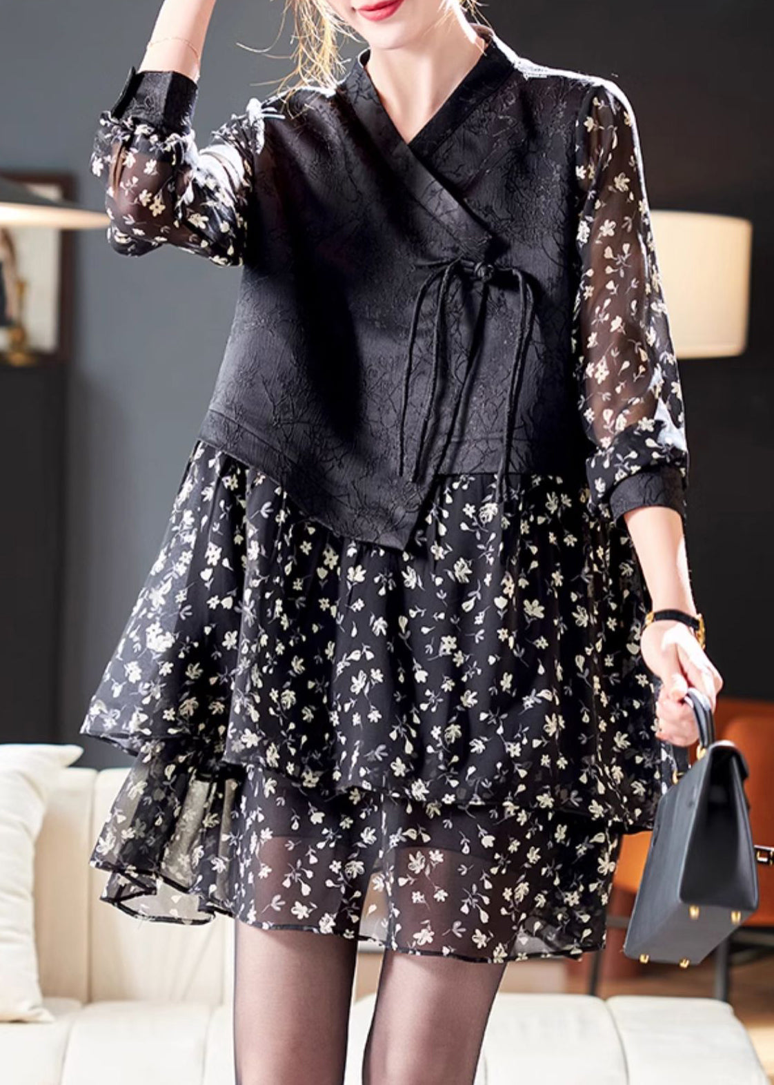 Floral Print Long Sleeve Tiered Mini Dress Lace Up Vest Two Piece Set - View 3