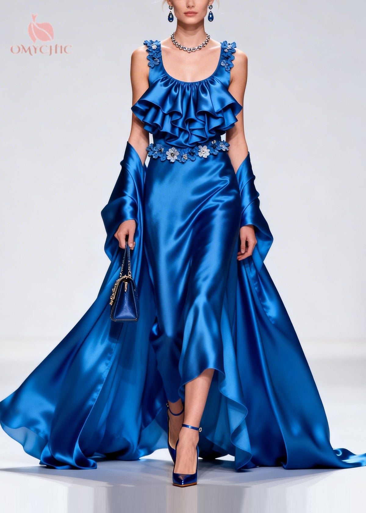 Tiered Ruffle Floral Appliqué Scoop Neck High Split Satin Set
