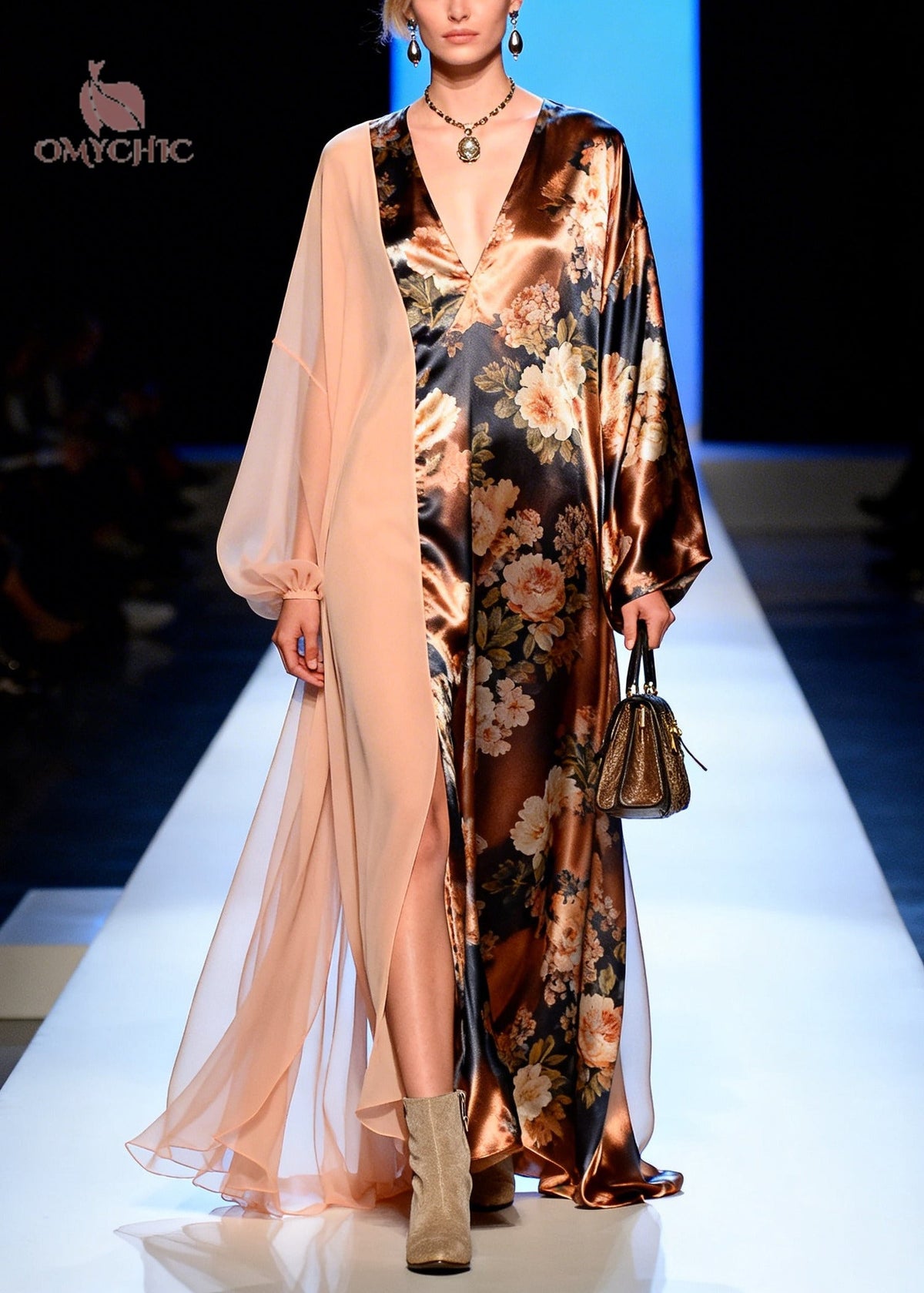 Asymmetrical Floral Print Chiffon Panel Deep V-Neck Maxi Gown