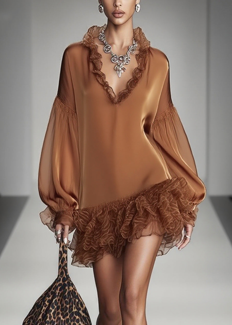 Satin Deep V-Neck Ruffle Collar Balloon Sleeve Tiered Mini Dress