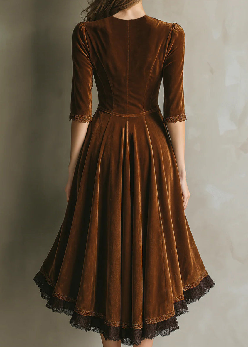 Velvet V-Neck Three Quarter Sleeve Button Front Midi Dress - View 2