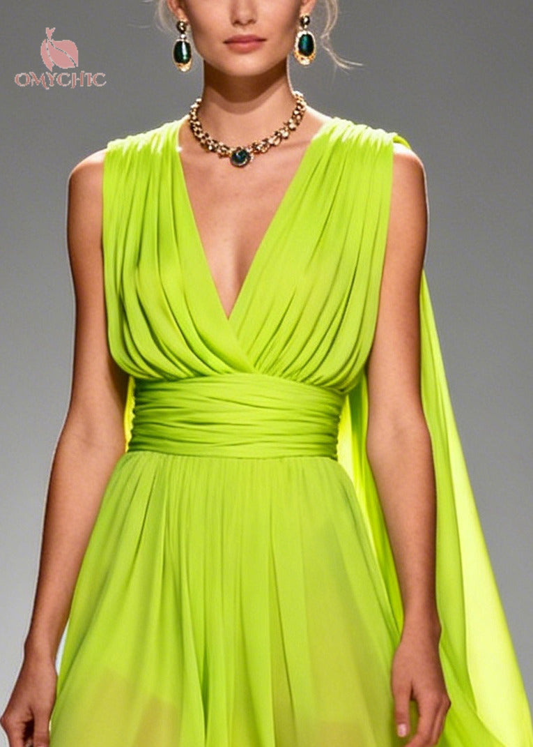 Deep V-Neck Sleeveless Pleated Waist Chiffon Floral Maxi Gown - View 2