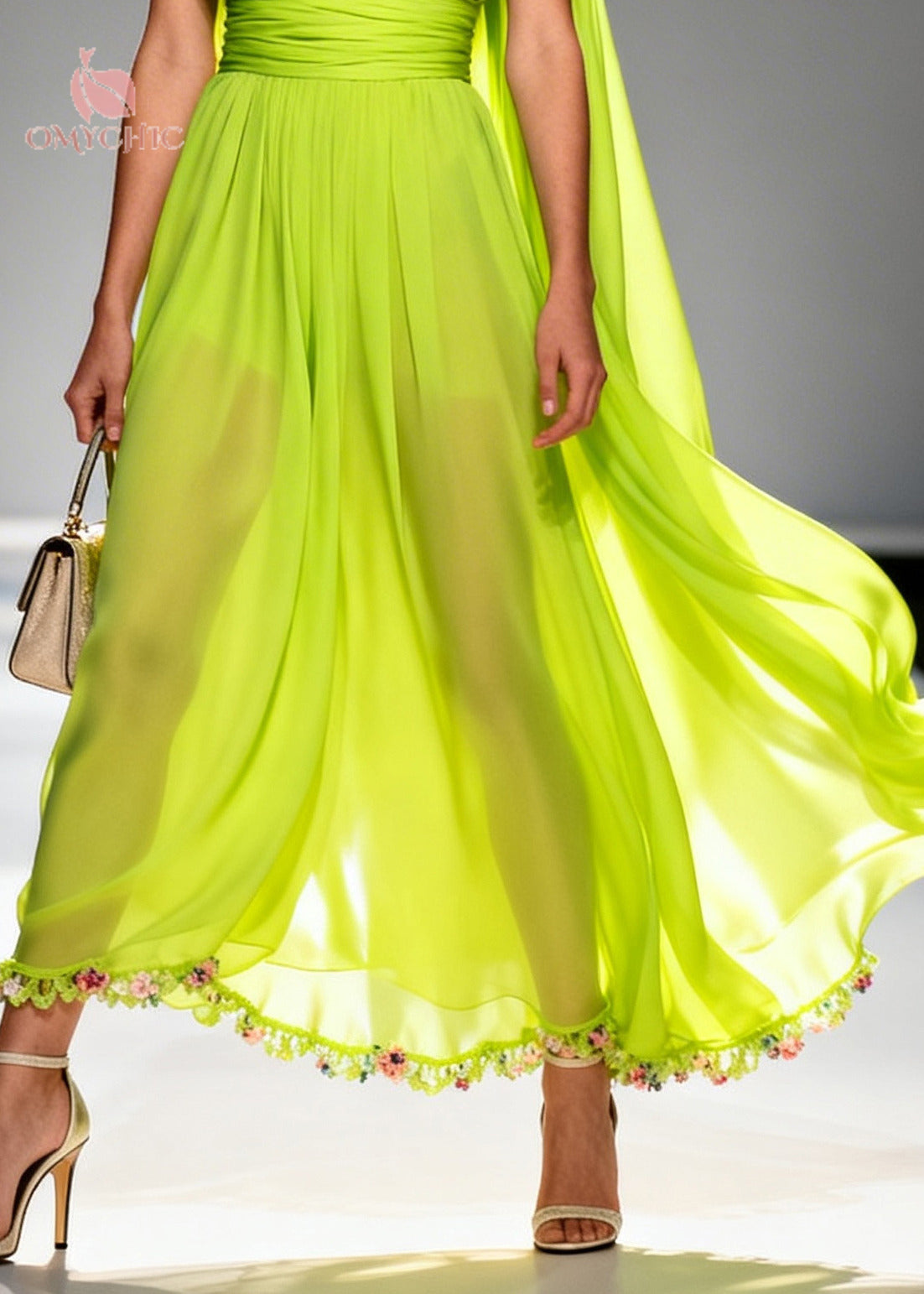 Deep V-Neck Sleeveless Pleated Waist Chiffon Floral Maxi Gown - View 4