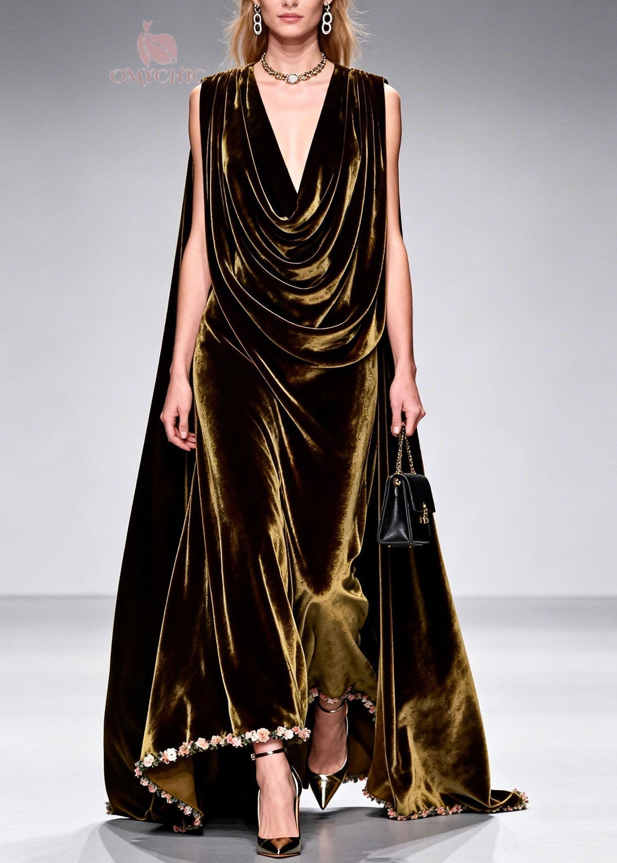 Velvet Cowl Neck Attached Cape Floral Applique Hem Maxi Gown - View 3
