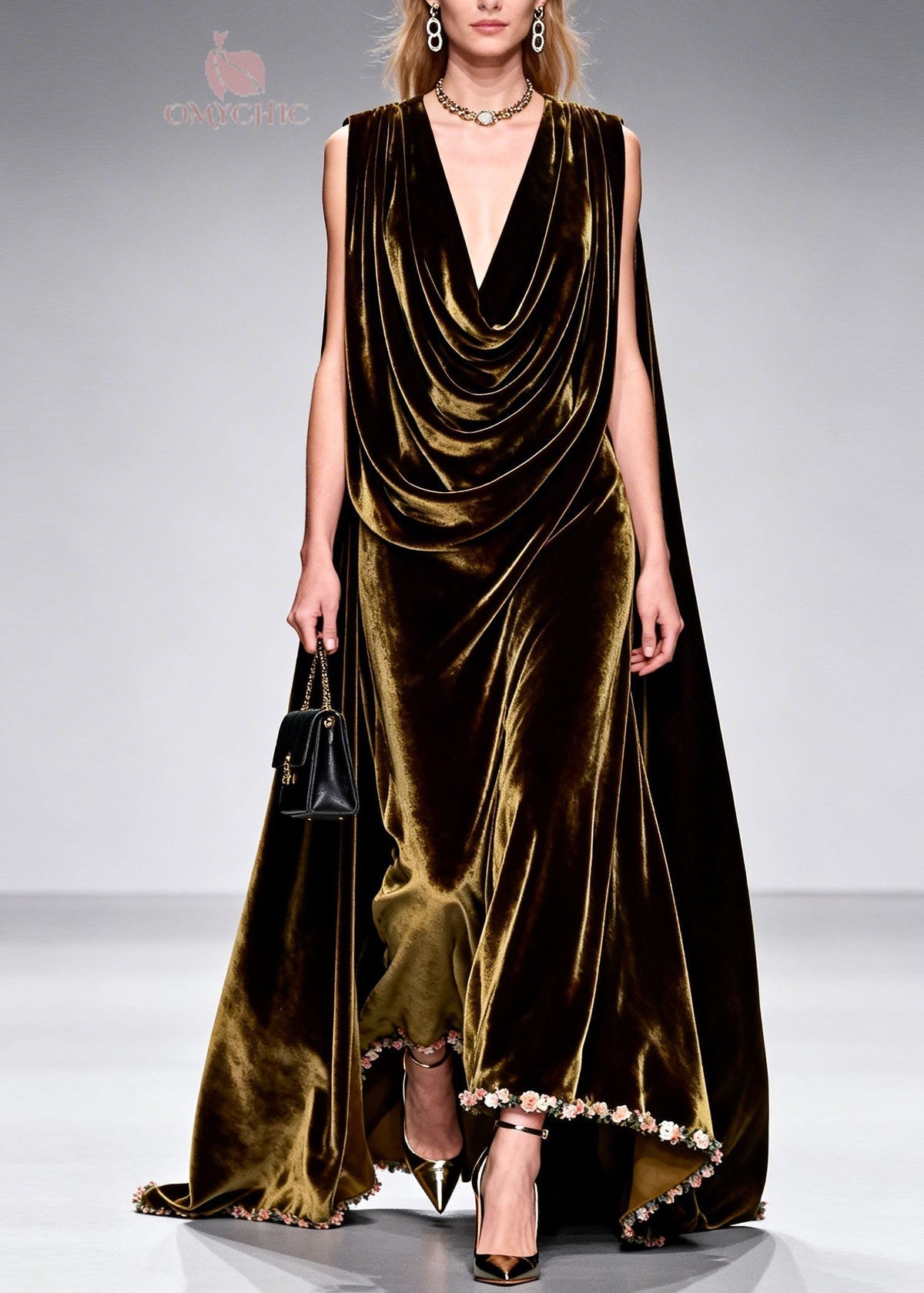 Velvet Cowl Neck Attached Cape Floral Applique Hem Maxi Gown - View 5