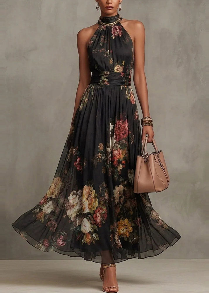 Chiffon Floral Halter Neck Ruched Waist A-Line Maxi Dress - View 3