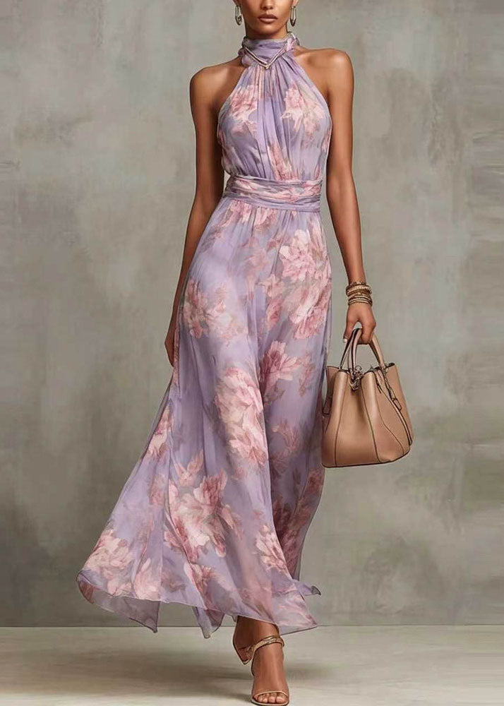 Chiffon Floral Halter Neck Ruched Waist A-Line Maxi Dress - View 4