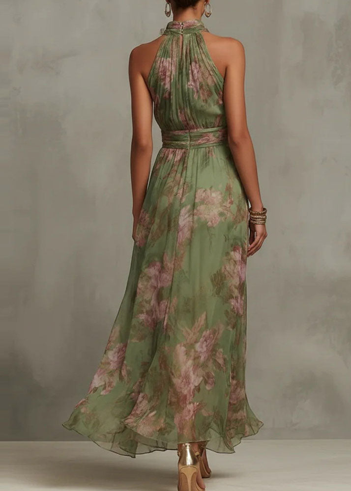 Chiffon Floral Halter Neck Ruched Waist A-Line Maxi Dress - View 5