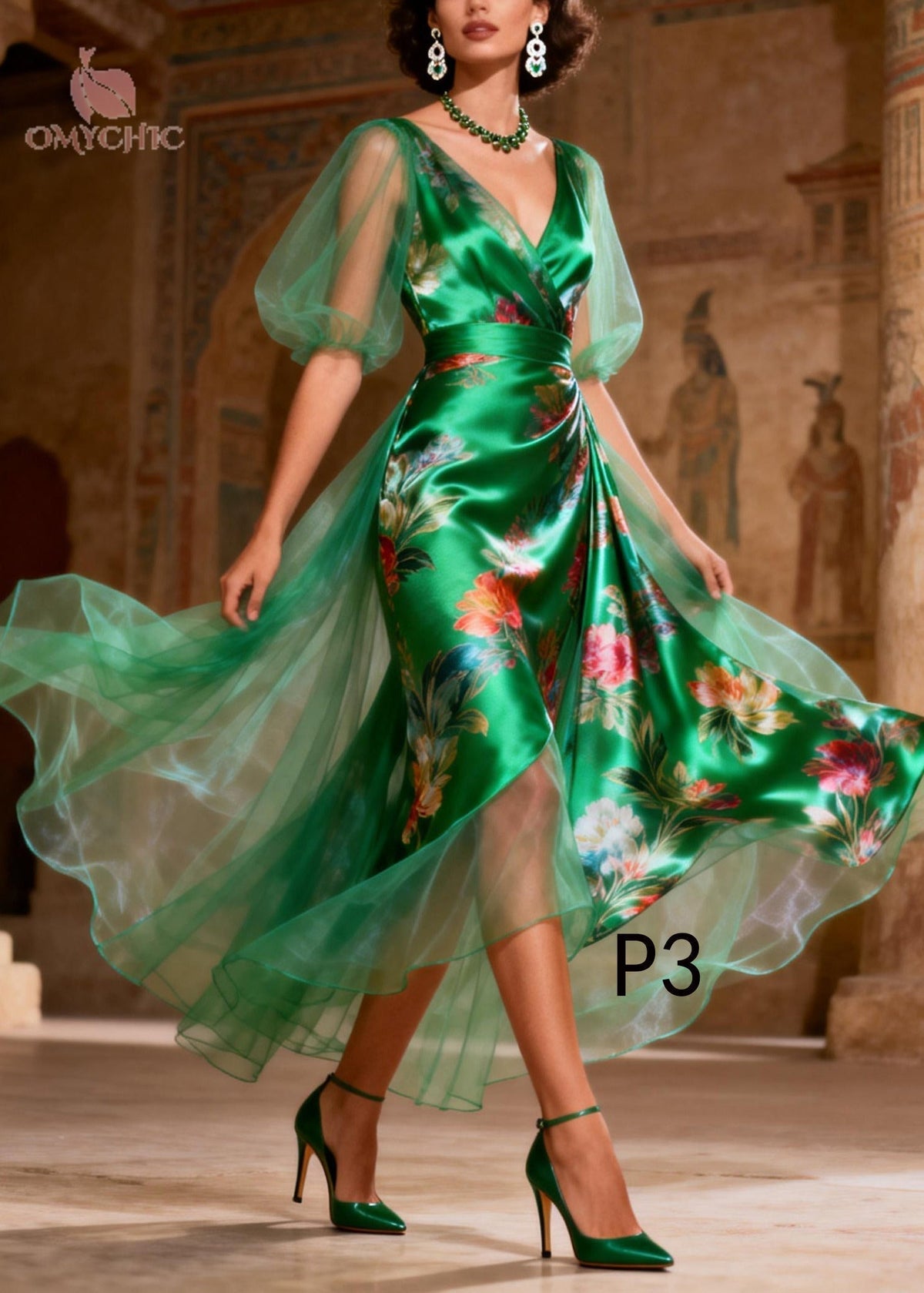 Tulle Overlay Puff Sleeve Wrap V-Neck Satin A-Line Midi Party Dress - View 3