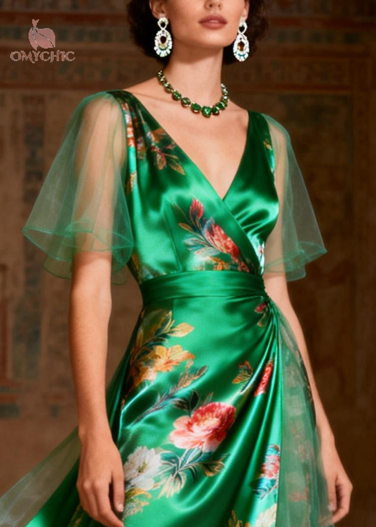 Tulle Overlay Puff Sleeve Wrap V-Neck Satin A-Line Midi Party Dress - View 4