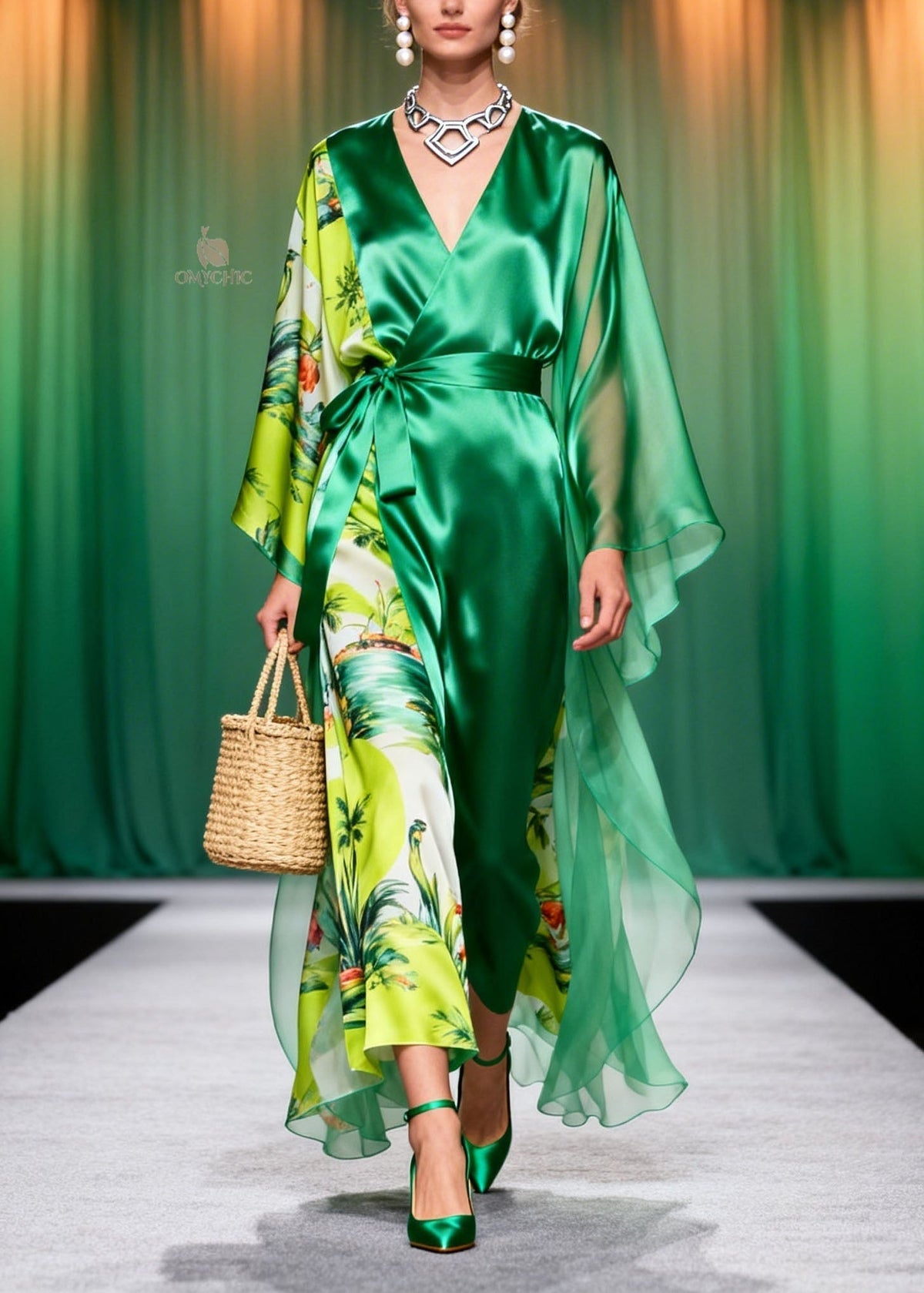 Tropical Print Wrap V-Neck Sheer Cape Sleeve Tie Waist Maxi Dress - View 3