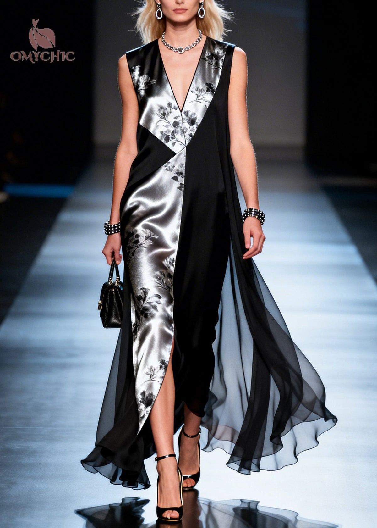 Metallic Floral Panel Deep V-Neck Sleeveless High Split Cape Maxi Gown - View 5