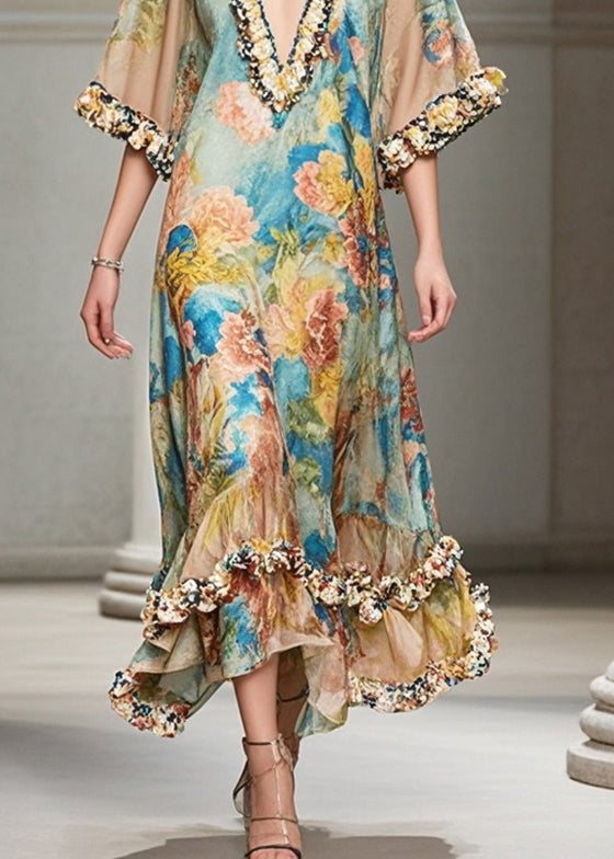 French Khaki Ruffled Print Chiffon Long Dresses Summer - View 4