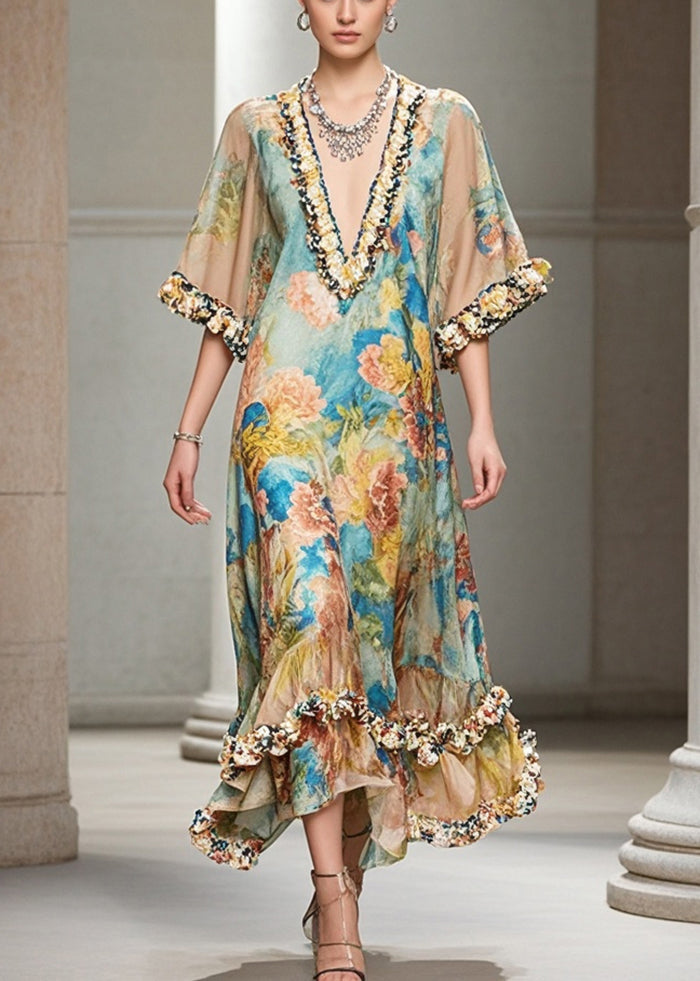 French Khaki Ruffled Print Chiffon Long Dresses Summer - View 5