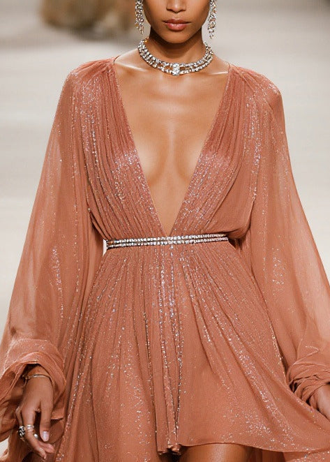 Sequin Pleated Deep V-Neck Bishop Sleeve Rhinestone Belt Gown - View 2
