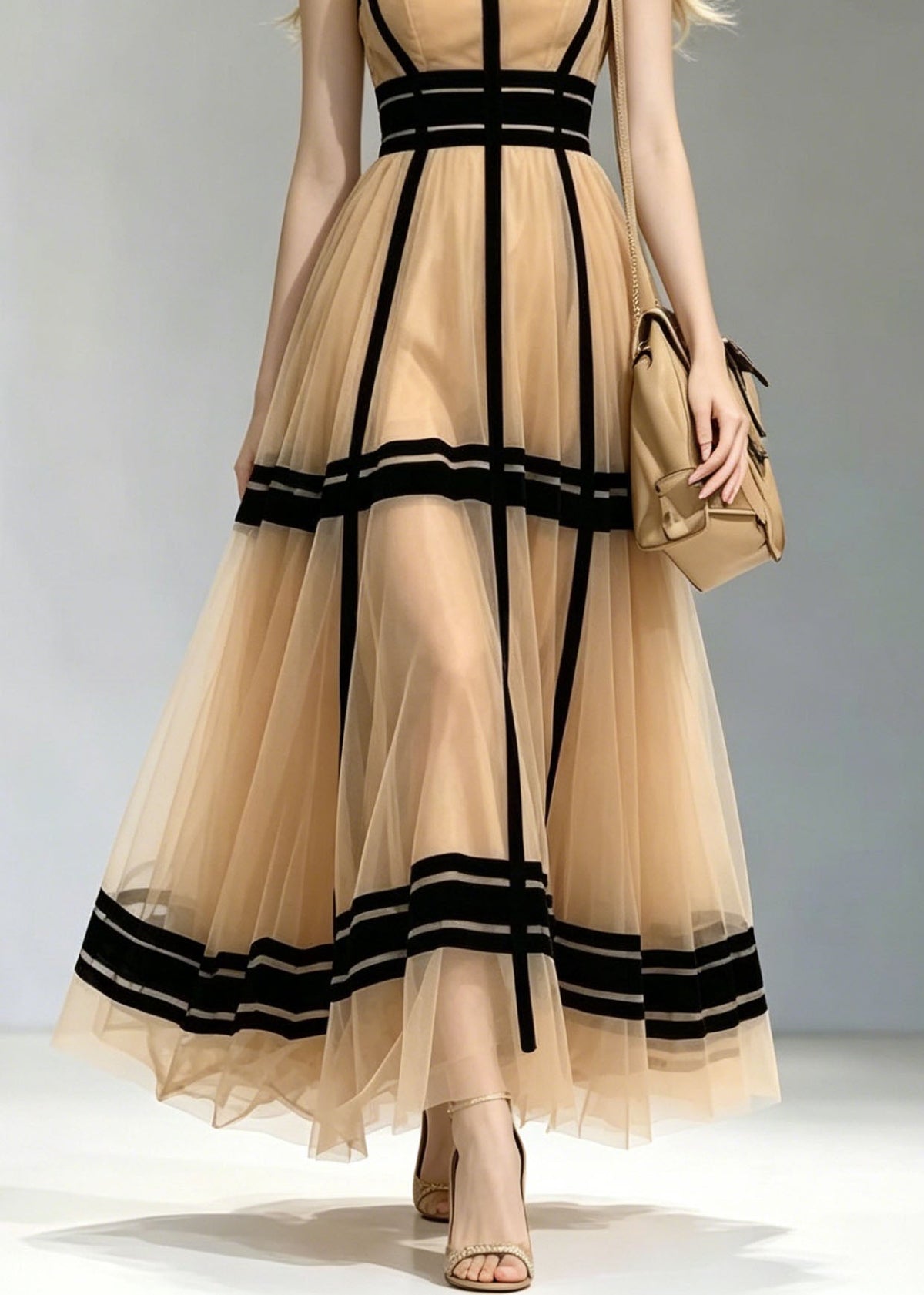 French Khaki Square Collar Patchwork Tulle Maxi Dress Summer - View 4