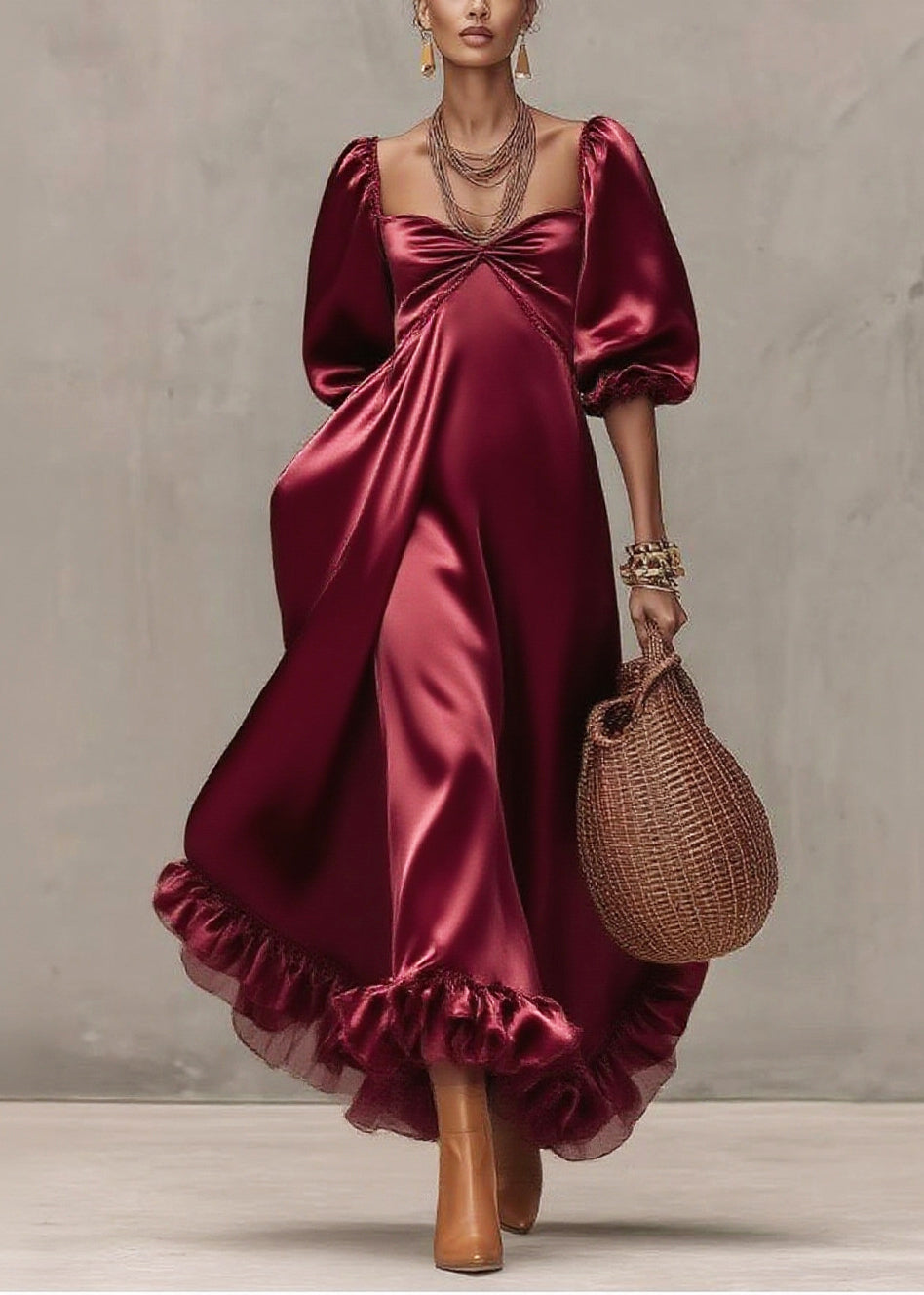 Satin Sweetheart Neck Puff Sleeve Ruffle Hem Tiered Midi Dress - View 3