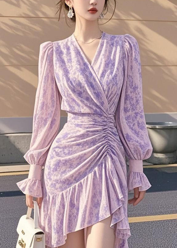 French Purple Ruffled Cinched Asymmetrical Chiffon Dress Fall