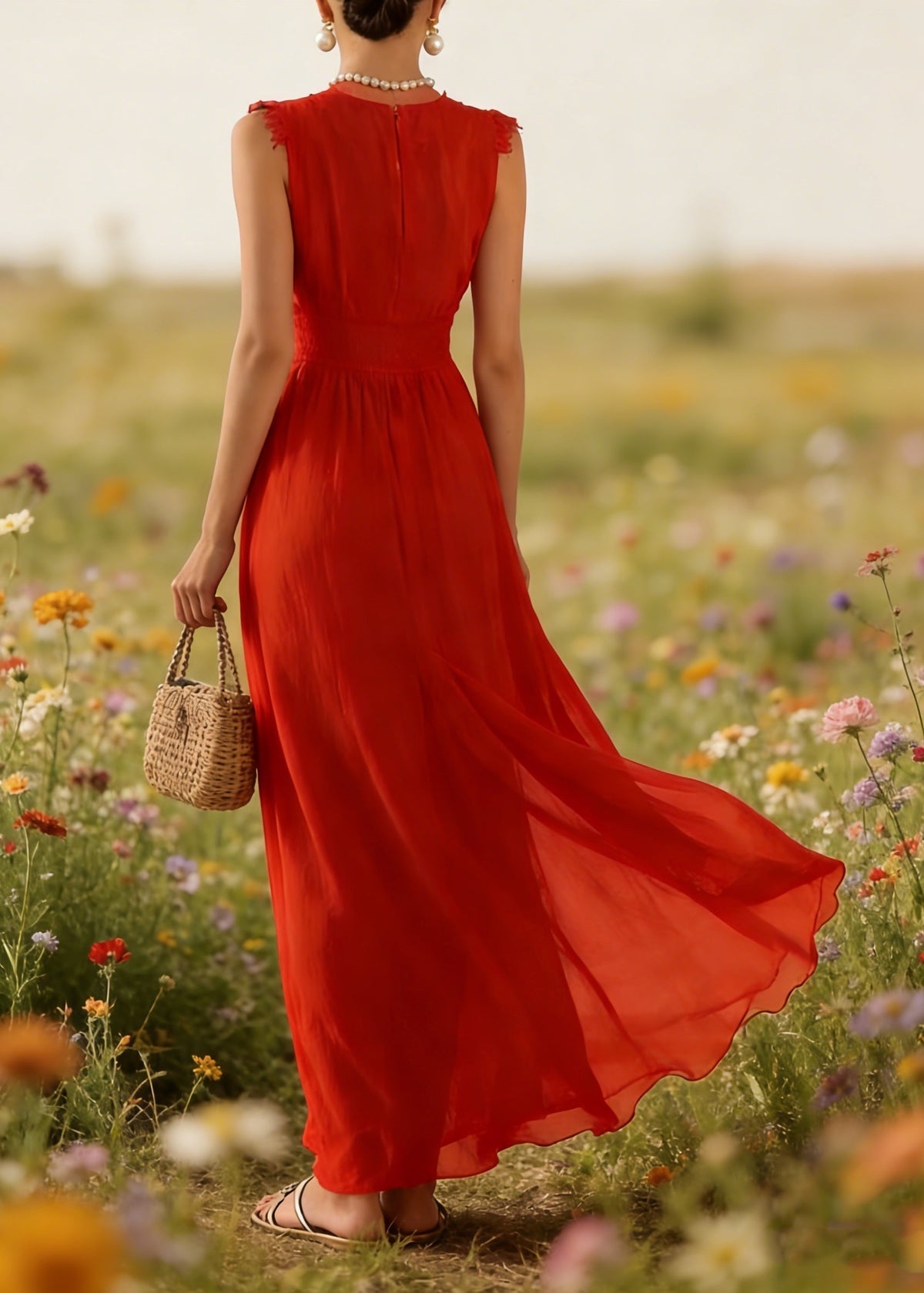 French Red V Neck Lace Patchwork Cotton Maxi Dress Summer - View 2
