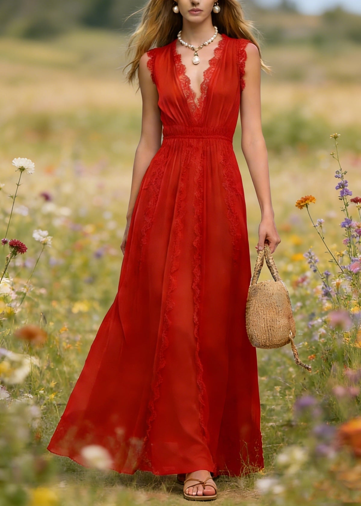 French Red V Neck Lace Patchwork Cotton Maxi Dress Summer - View 5