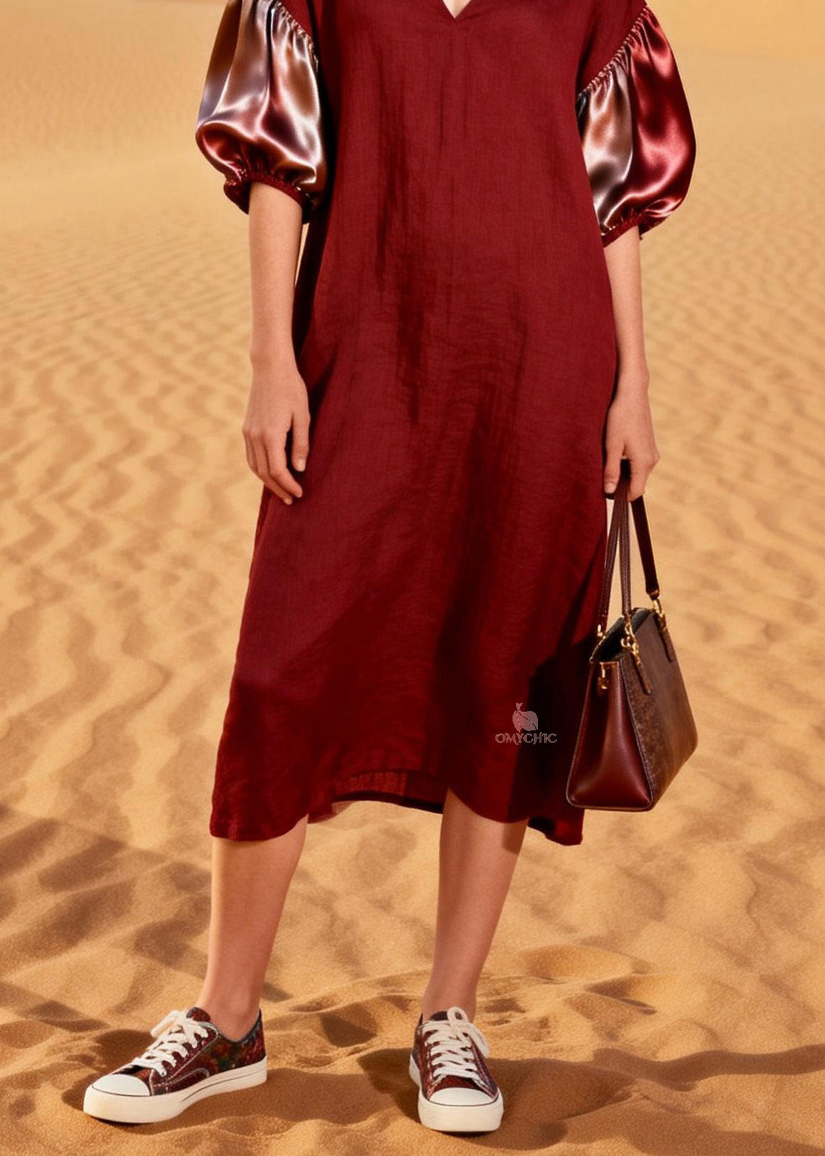 V-Neck Satin Puff Sleeve Woven Shift Midi Dress - View 4