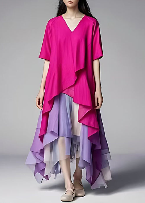 V-Neck Short Sleeve Tiered Tulle Handkerchief Hem Maxi Dress