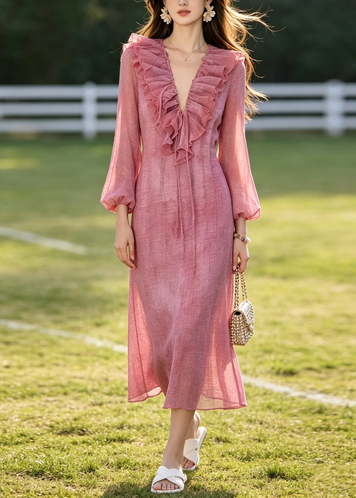 French Rose Ruffled Tie Dye Chiffon Dresses Summer - View 5