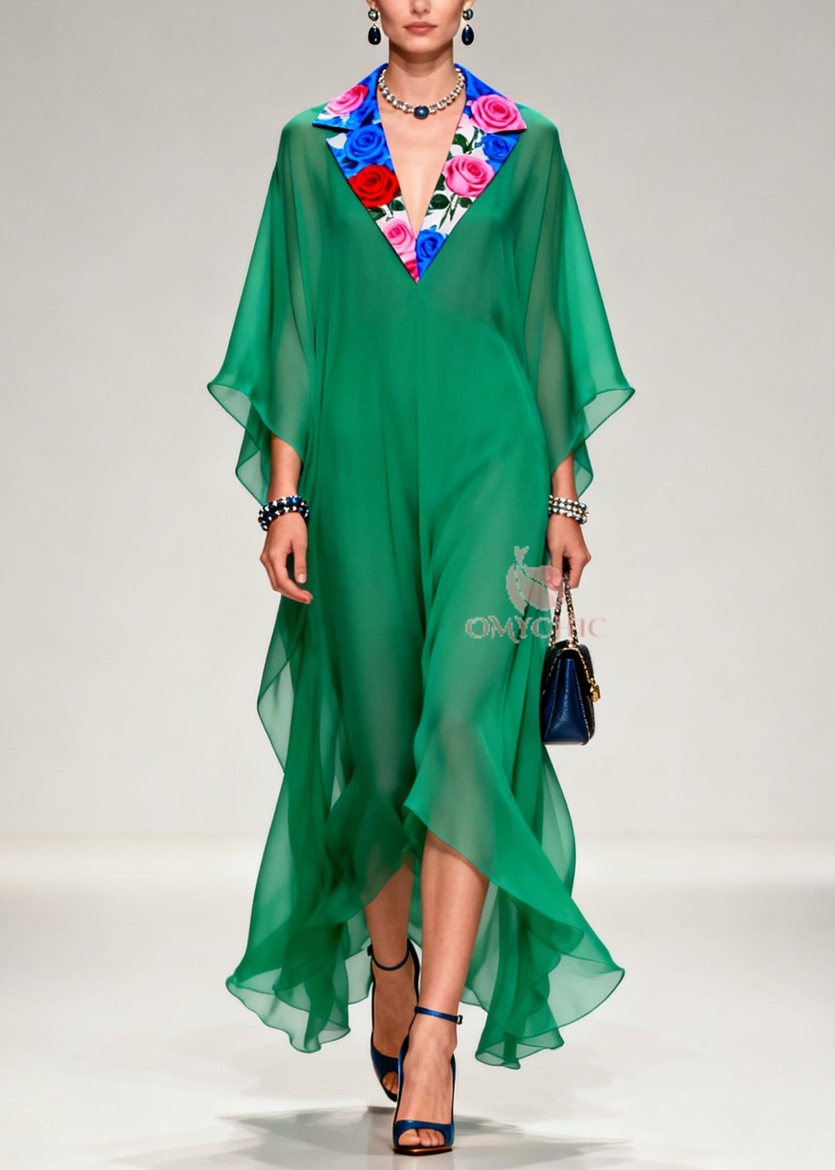 Chiffon Floral Lapel Collar Butterfly Sleeve Kaftan Maxi Gown