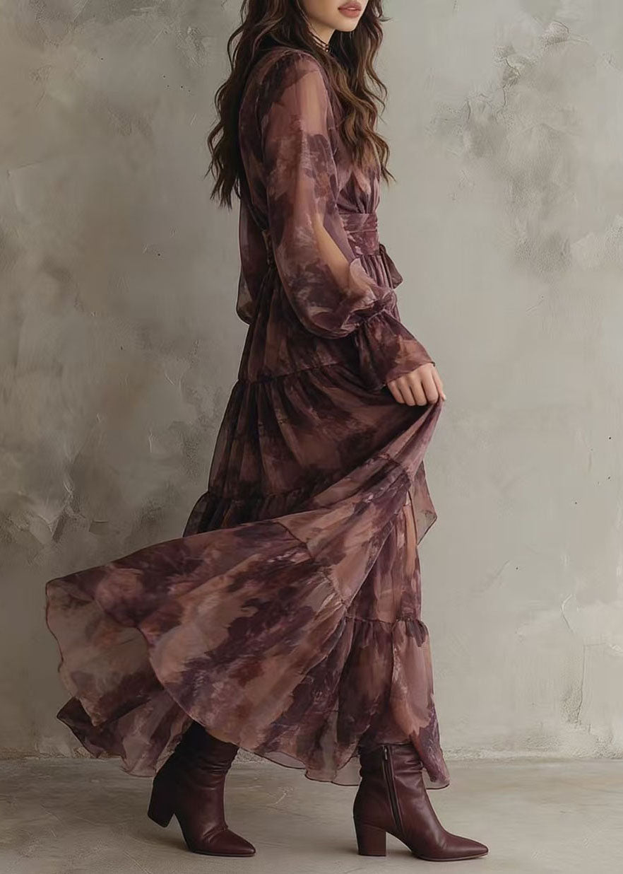 Floral Print Wrap Deep V-Neck Long Puff Sleeve Tiered Maxi Dress - View 3