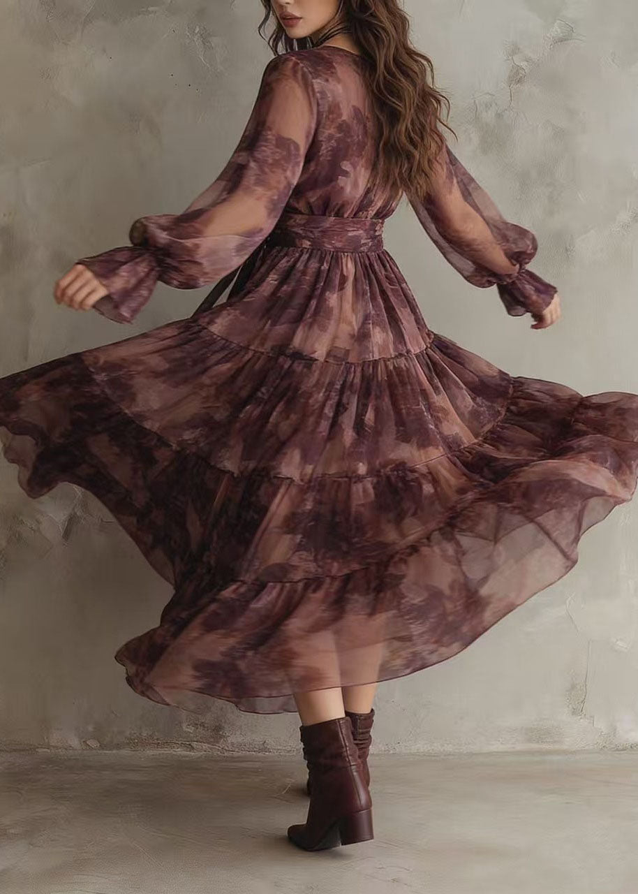 Floral Print Wrap Deep V-Neck Long Puff Sleeve Tiered Maxi Dress - View 4