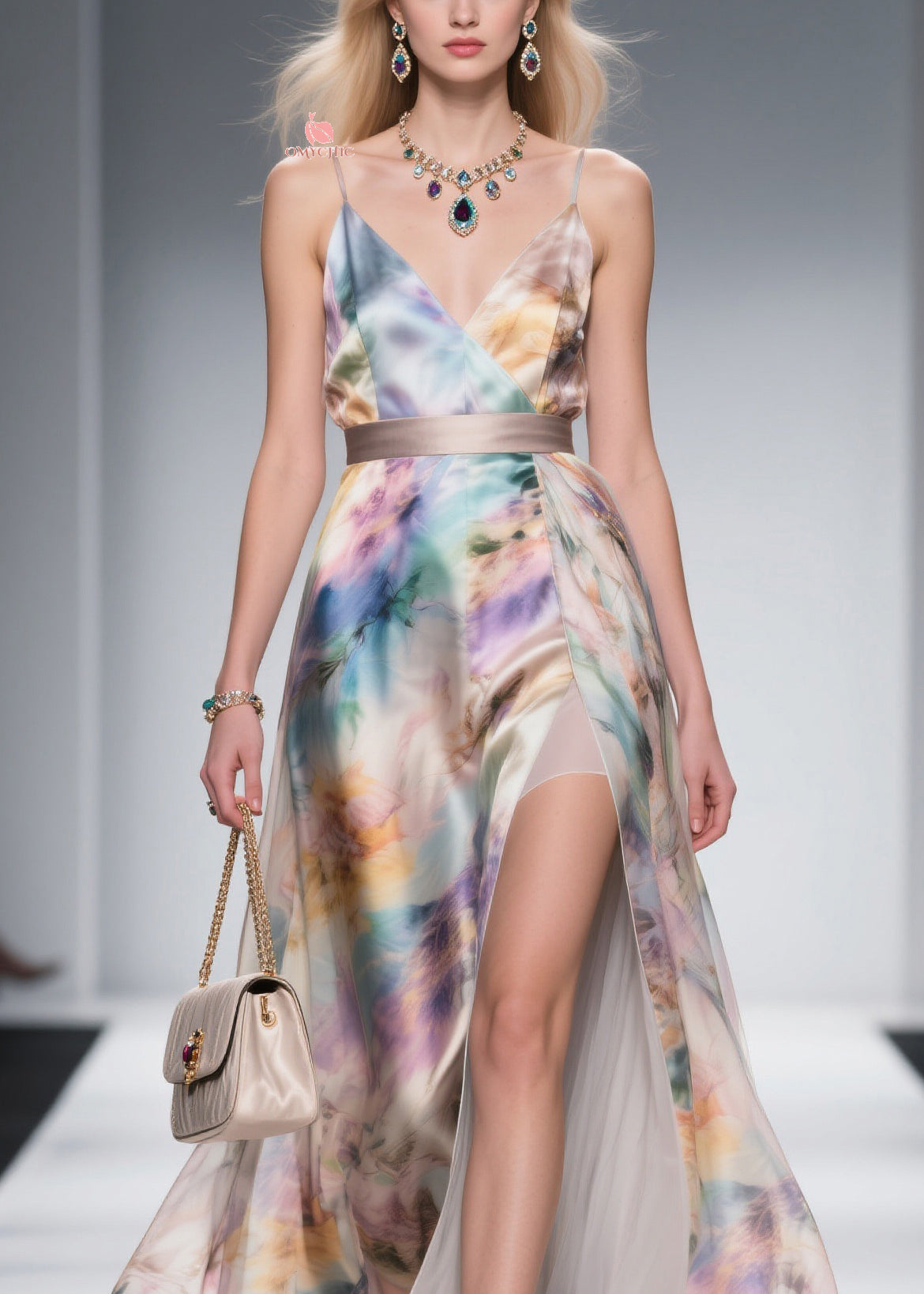 French V Neck Side Open Silk Maxi Spaghetti Strap Dress Summer - View 2