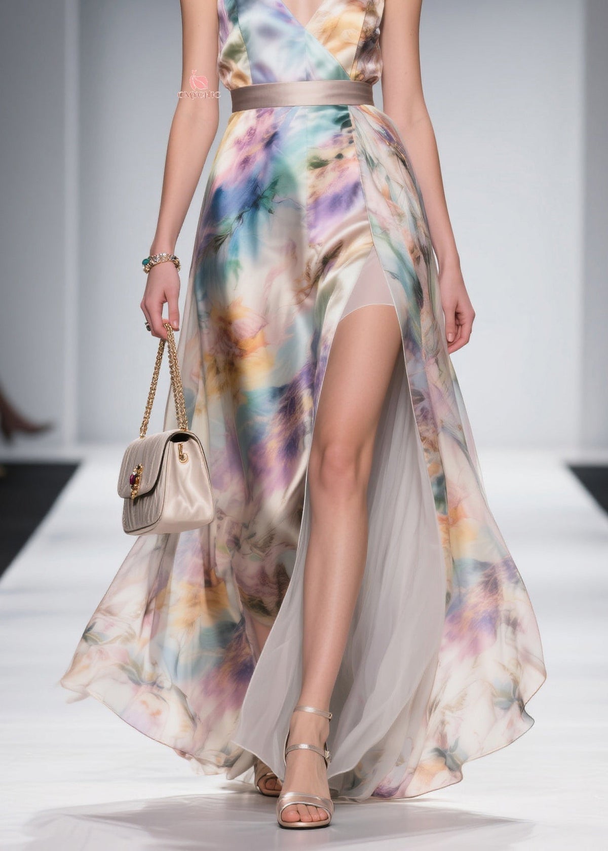 French V Neck Side Open Silk Maxi Spaghetti Strap Dress Summer - View 4