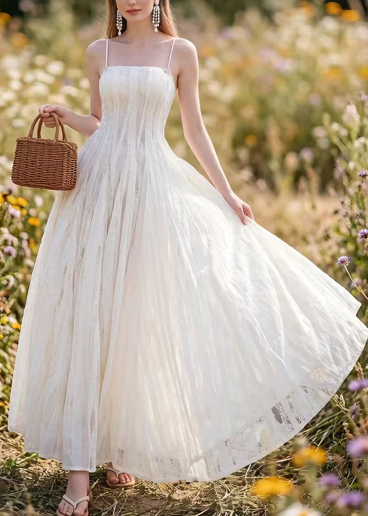 French White Lace Up Spaghetti Strap Summer Dress - View 5