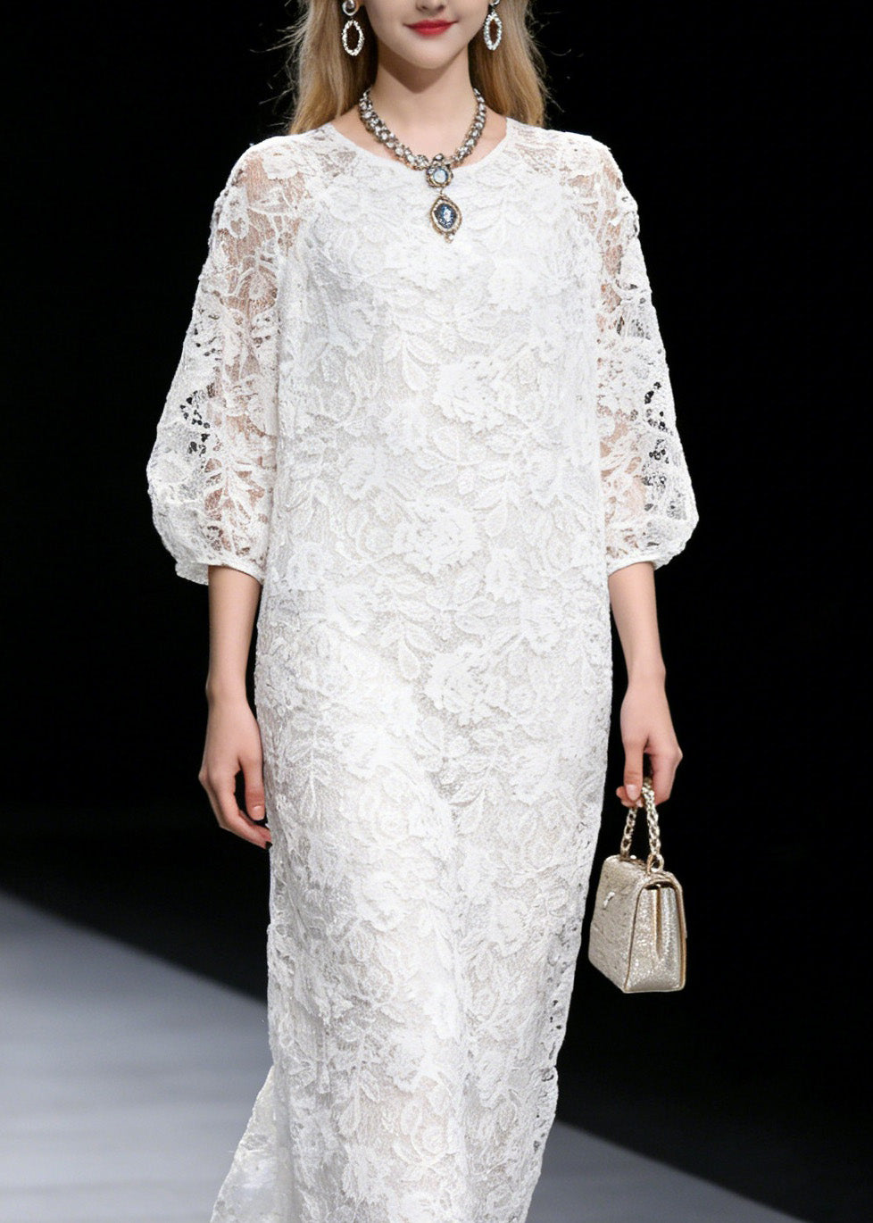 Floral Lace Crew Neck Three Quarter Puff Sleeve Maxi Dress - View 2