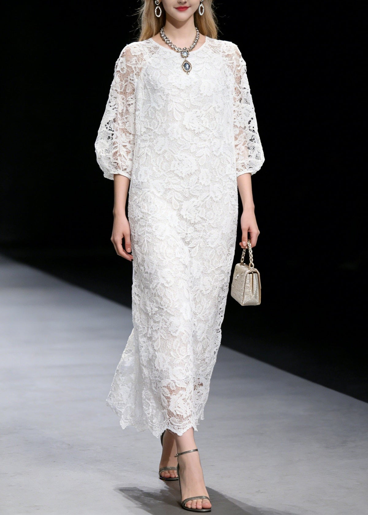 Floral Lace Crew Neck Three Quarter Puff Sleeve Maxi Dress - View 5