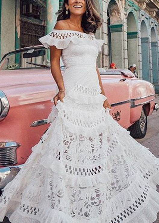 French White Ruffled Hollow Out Lace Maxi Dresses Summer - View 4